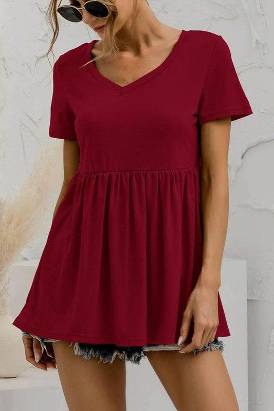 V NECK SHORT SLEEVED DOLL SHIRT TOP - Doublju