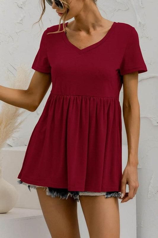 V NECK SHORT SLEEVED DOLL SHIRT TOP - Doublju