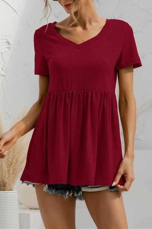 V NECK SHORT SLEEVED DOLL SHIRT TOP - Doublju