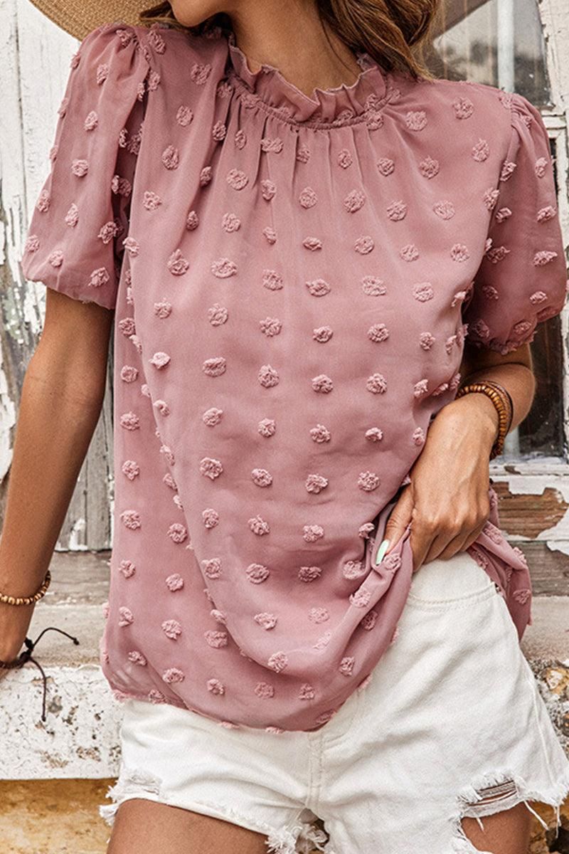 RUFFLED NECK DOT DETAILED SHORT SLEEVE TOP - Doublju