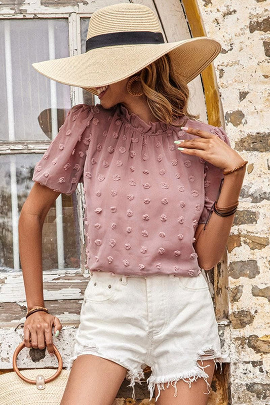 RUFFLED NECK DOT DETAILED SHORT SLEEVE TOP - Doublju