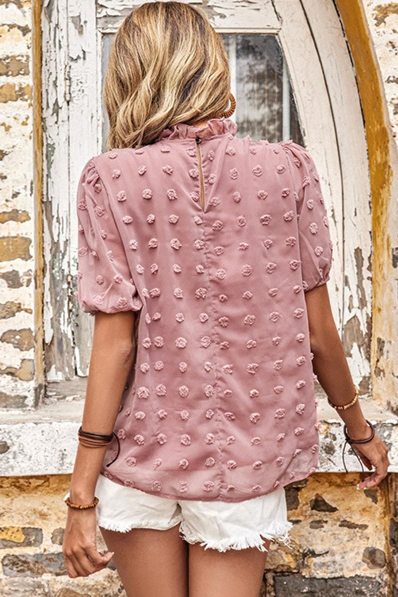 RUFFLED NECK DOT DETAILED SHORT SLEEVE TOP - Doublju