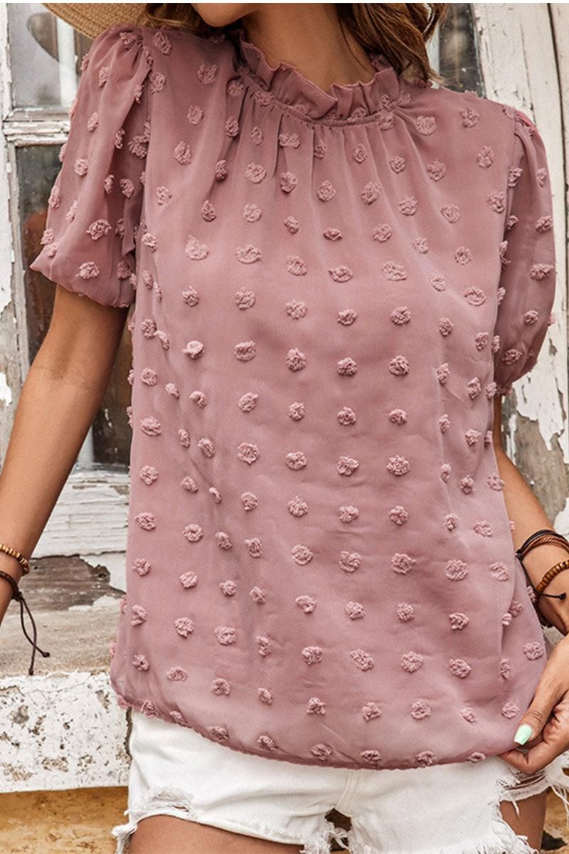 RUFFLED NECK DOT DETAILED SHORT SLEEVE TOP - Doublju