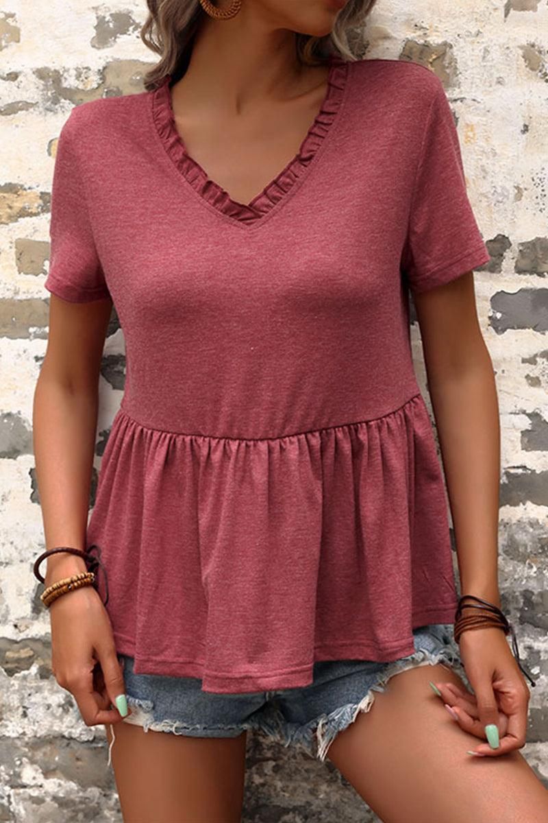 V NECK RUFFLED HEM SOLID TUNIC TOP - Doublju