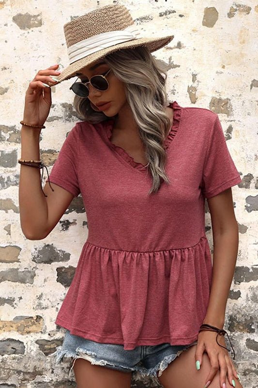 V NECK RUFFLED HEM SOLID TUNIC TOP - Doublju
