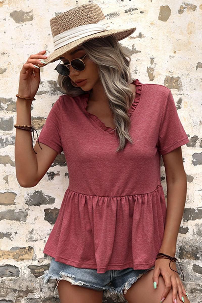 V NECK RUFFLED HEM SOLID TUNIC TOP - Doublju