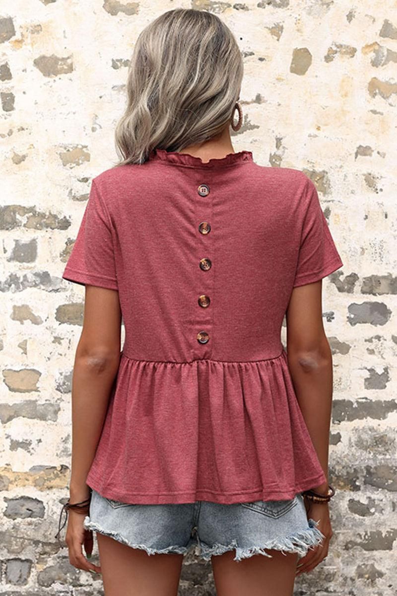 V NECK RUFFLED HEM SOLID TUNIC TOP - Doublju