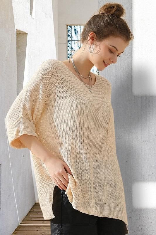 LOOSE FIT ROLLED 4/3 SLEEVE KNIT TOP - Doublju