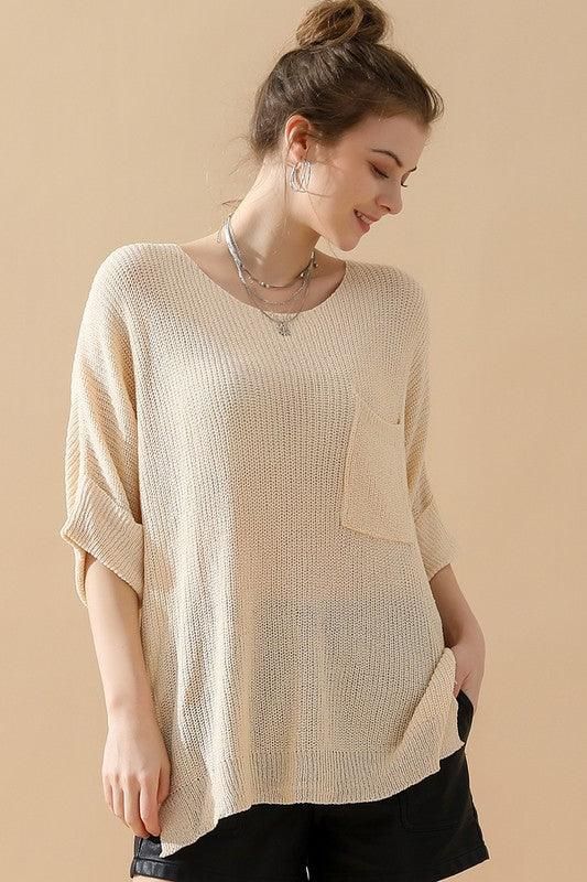 LOOSE FIT ROLLED 4/3 SLEEVE KNIT TOP - Doublju