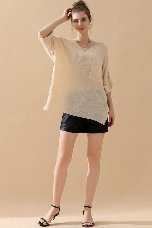 LOOSE FIT ROLLED 4/3 SLEEVE KNIT TOP - Doublju