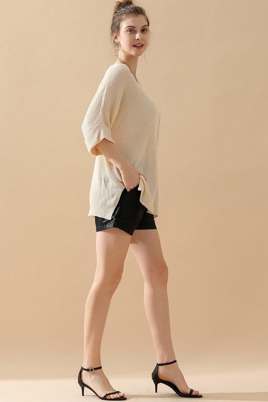 LOOSE FIT ROLLED 4/3 SLEEVE KNIT TOP - Doublju