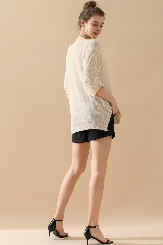 LOOSE FIT ROLLED 4/3 SLEEVE KNIT TOP - Doublju