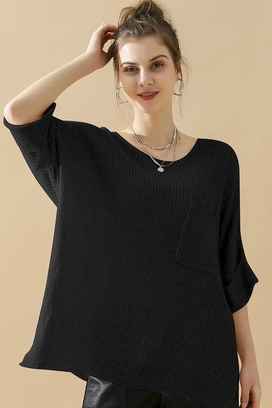 LOOSE FIT ROLLED 4/3 SLEEVE KNIT TOP - Doublju
