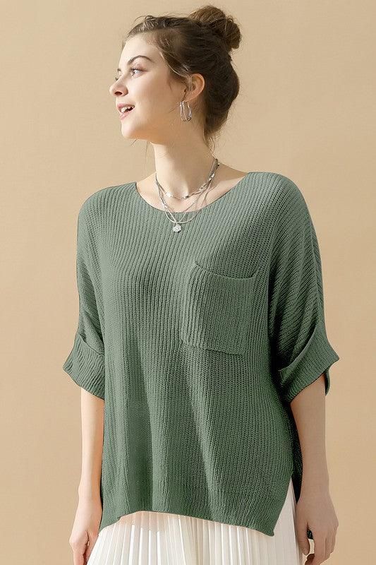 LOOSE FIT ROLLED 4/3 SLEEVE KNIT TOP - Doublju