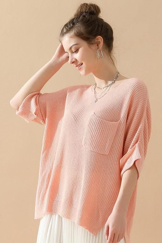 LOOSE FIT ROLLED 4/3 SLEEVE KNIT TOP - Doublju