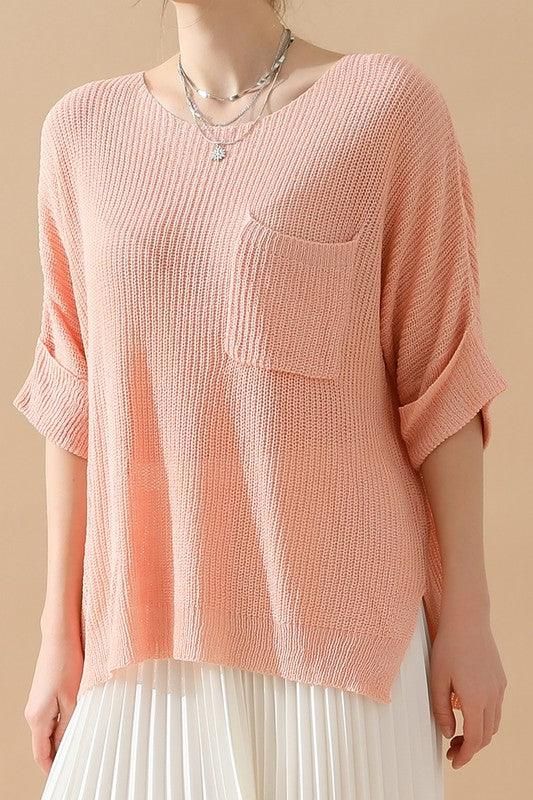 LOOSE FIT ROLLED 4/3 SLEEVE KNIT TOP - Doublju