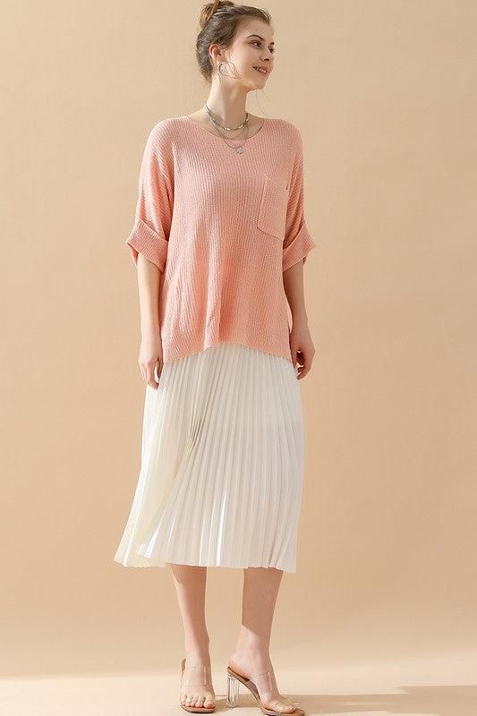 LOOSE FIT ROLLED 4/3 SLEEVE KNIT TOP - Doublju