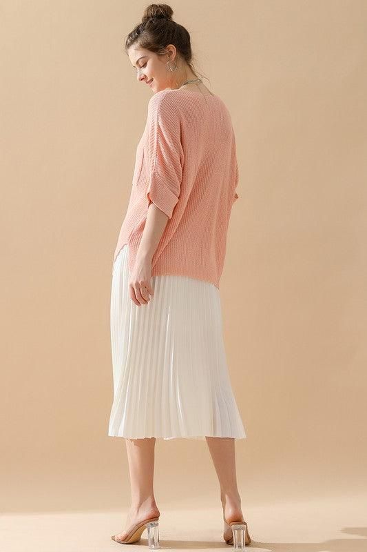 LOOSE FIT ROLLED 4/3 SLEEVE KNIT TOP - Doublju