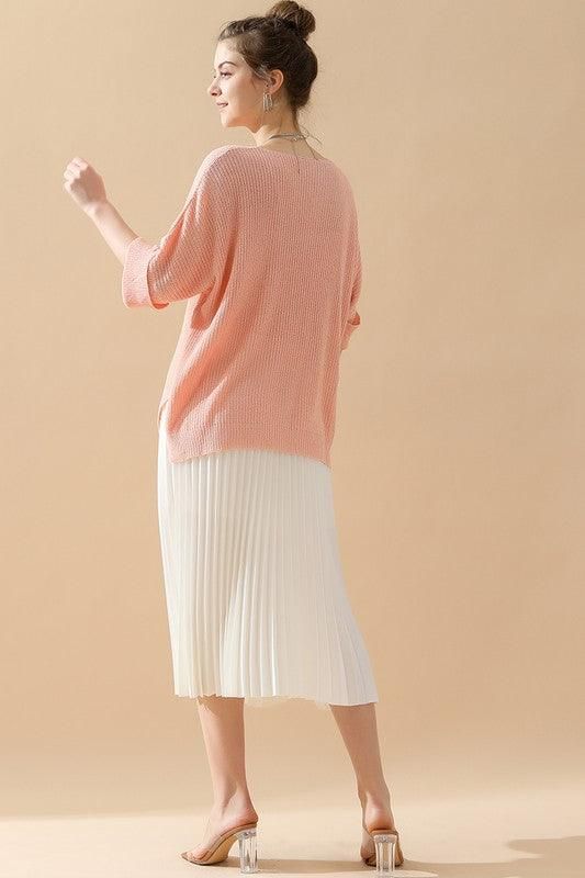 LOOSE FIT ROLLED 4/3 SLEEVE KNIT TOP - Doublju
