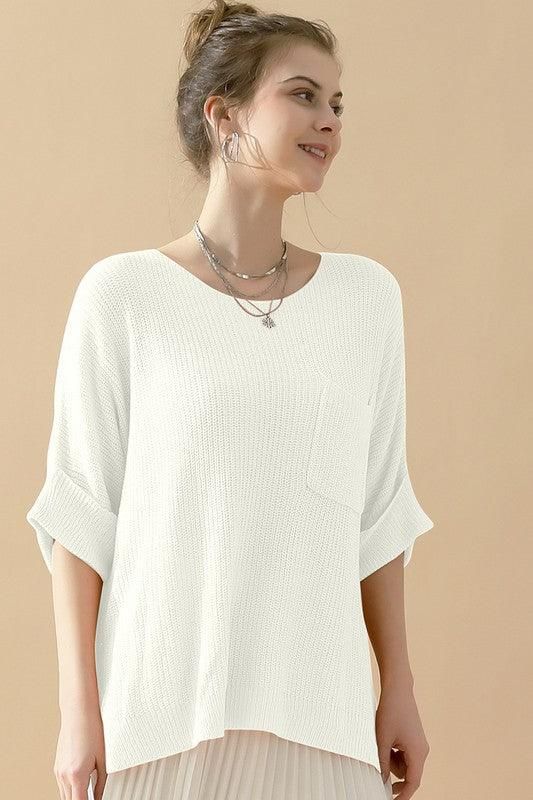 LOOSE FIT ROLLED 4/3 SLEEVE KNIT TOP - Doublju