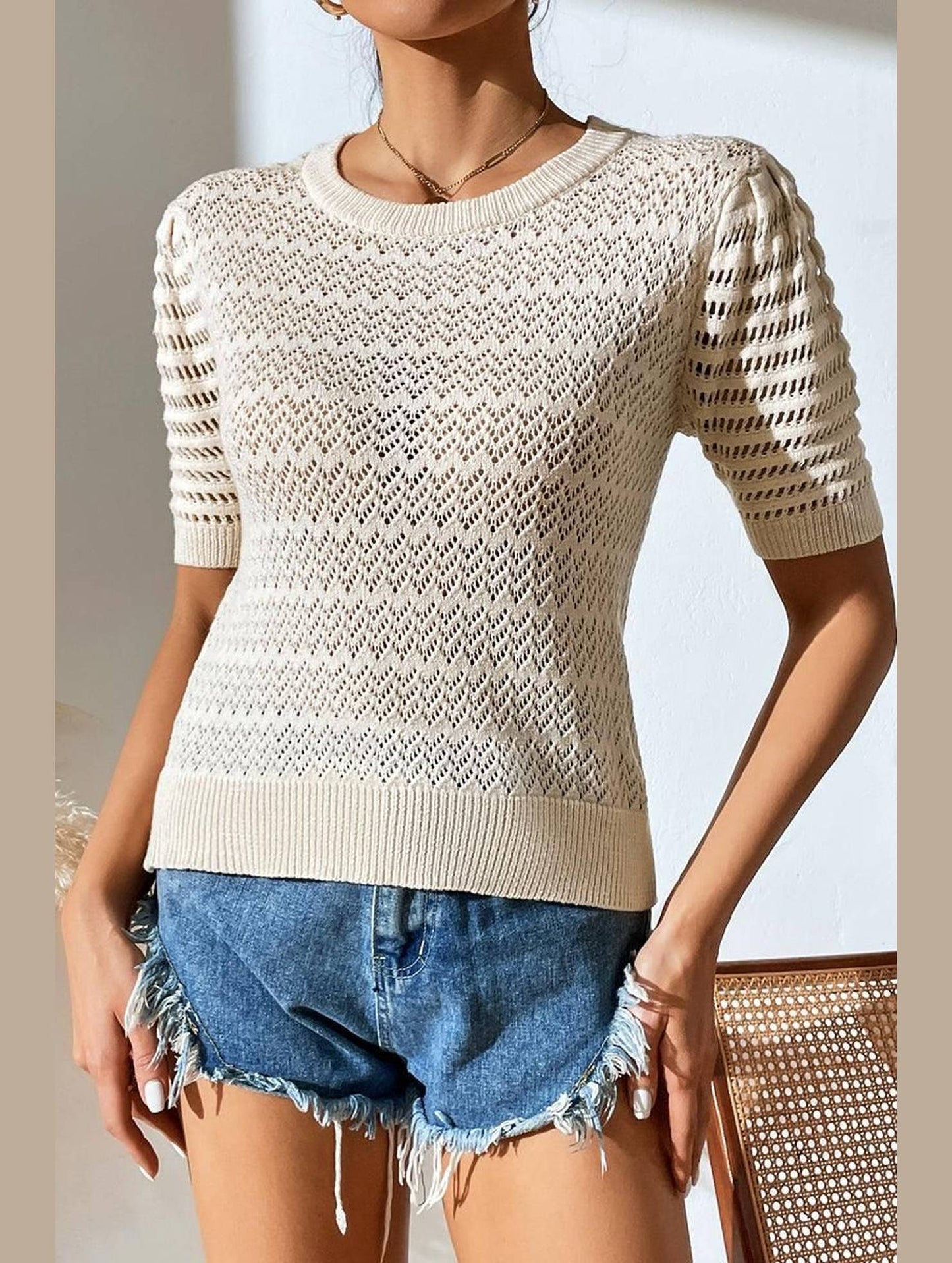 PATTERNED KNIT SHORT SLEEVE CASUAL TOP - Doublju