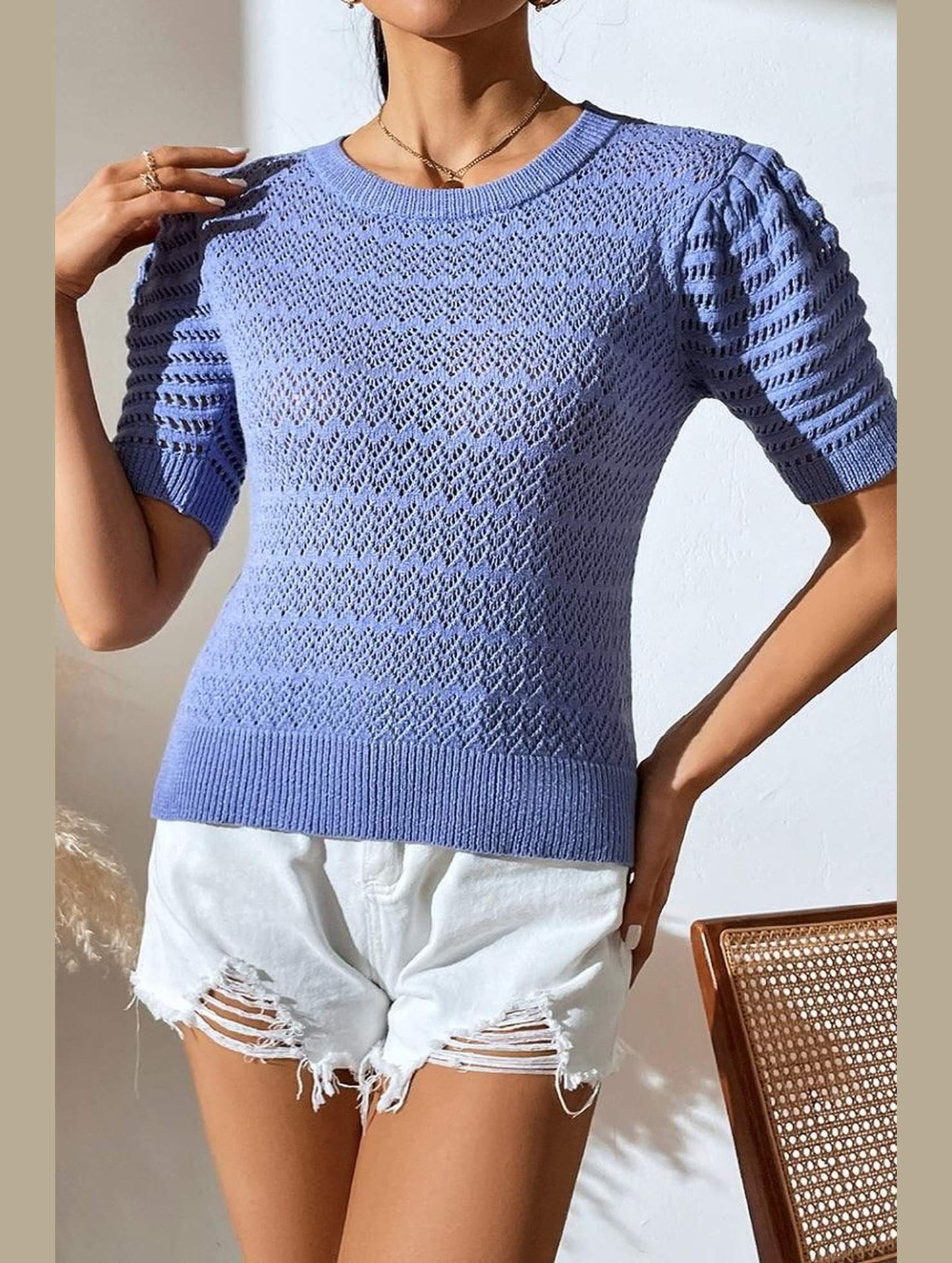 PATTERNED KNIT SHORT SLEEVE CASUAL TOP - Doublju