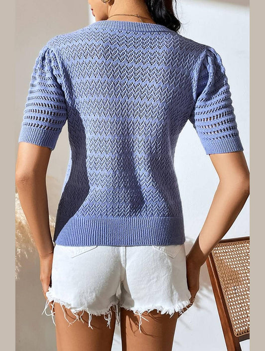 PATTERNED KNIT SHORT SLEEVE CASUAL TOP - Doublju