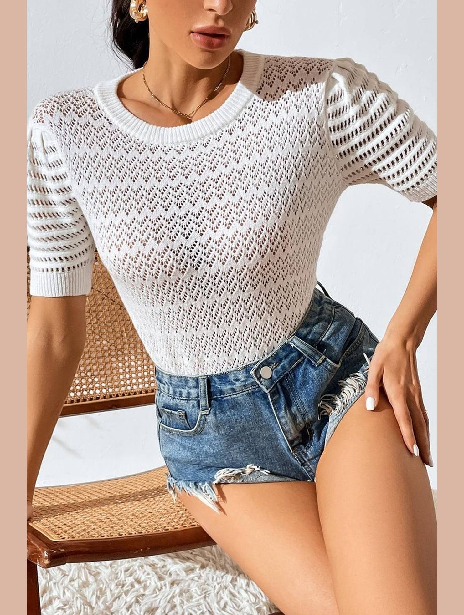 PATTERNED KNIT SHORT SLEEVE CASUAL TOP - Doublju