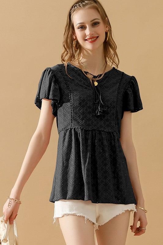 RUFFLED SLEEVE TIE NECK TUNIC TOP - Doublju