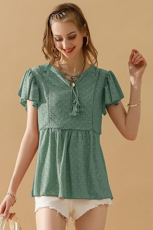 RUFFLED SLEEVE TIE NECK TUNIC TOP - Doublju
