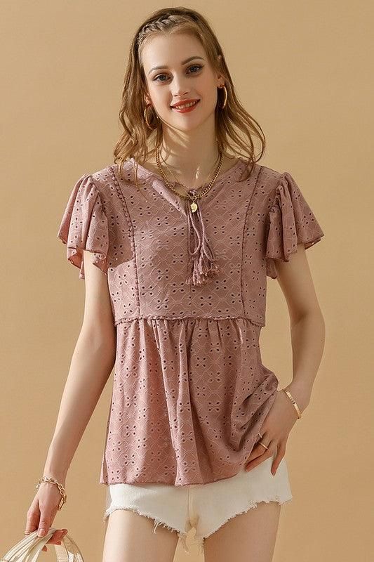 RUFFLED SLEEVE TIE NECK TUNIC TOP - Doublju