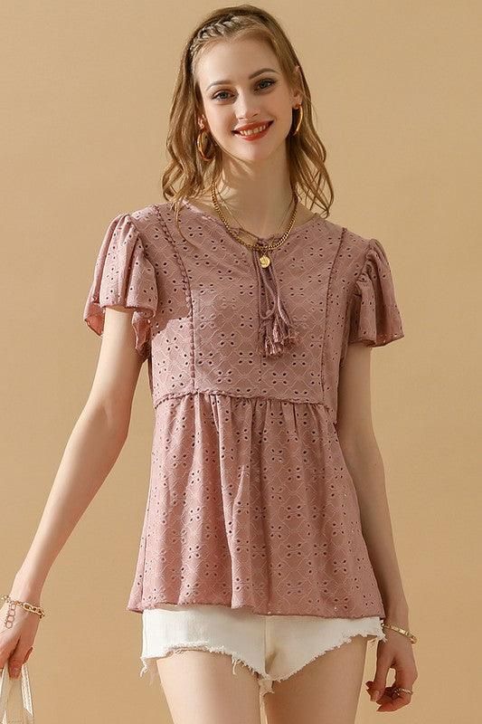 RUFFLED SLEEVE TIE NECK TUNIC TOP - Doublju