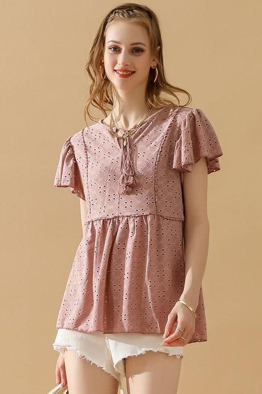 RUFFLED SLEEVE TIE NECK TUNIC TOP - Doublju