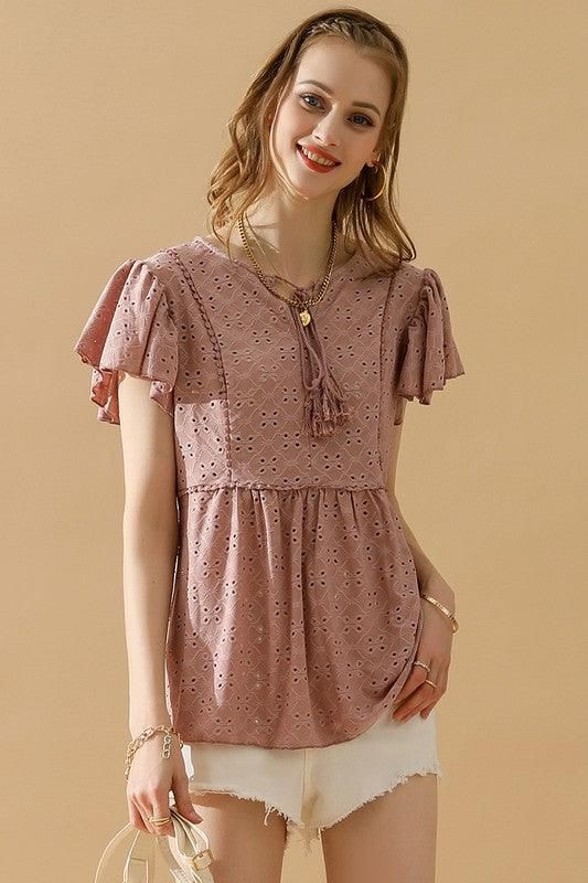 RUFFLED SLEEVE TIE NECK TUNIC TOP - Doublju