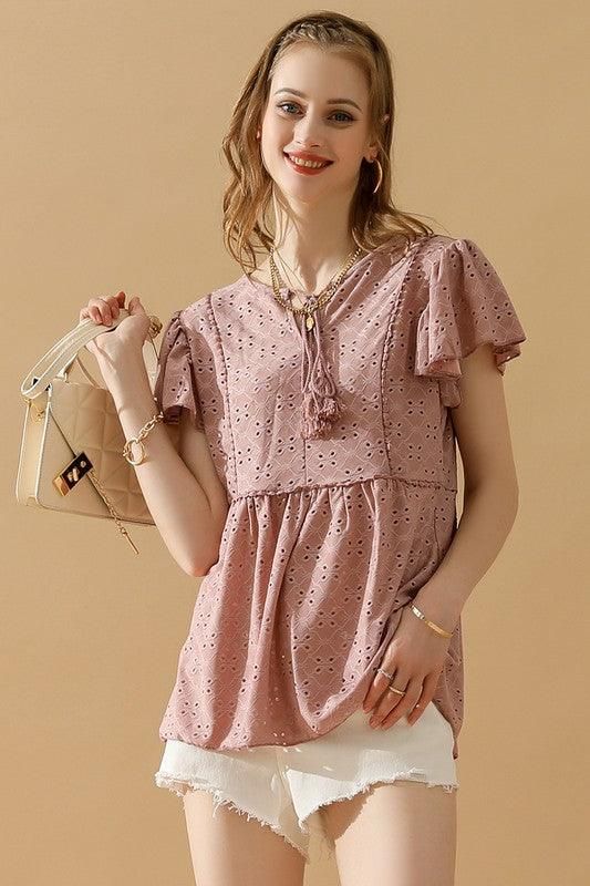 RUFFLED SLEEVE TIE NECK TUNIC TOP - Doublju