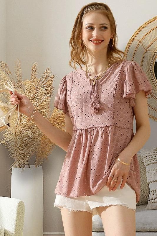 RUFFLED SLEEVE TIE NECK TUNIC TOP - Doublju