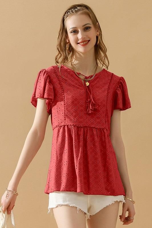 RUFFLED SLEEVE TIE NECK TUNIC TOP - Doublju