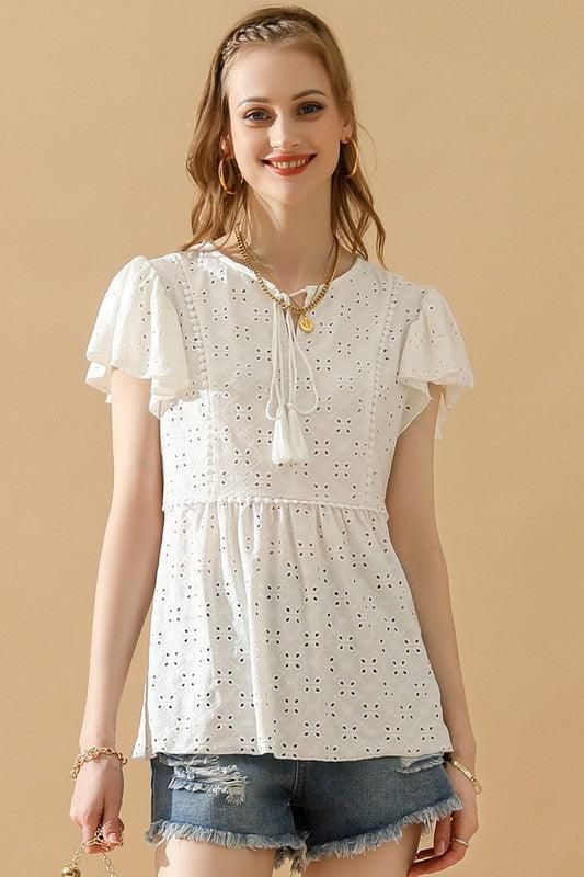 RUFFLED SLEEVE TIE NECK TUNIC TOP - Doublju