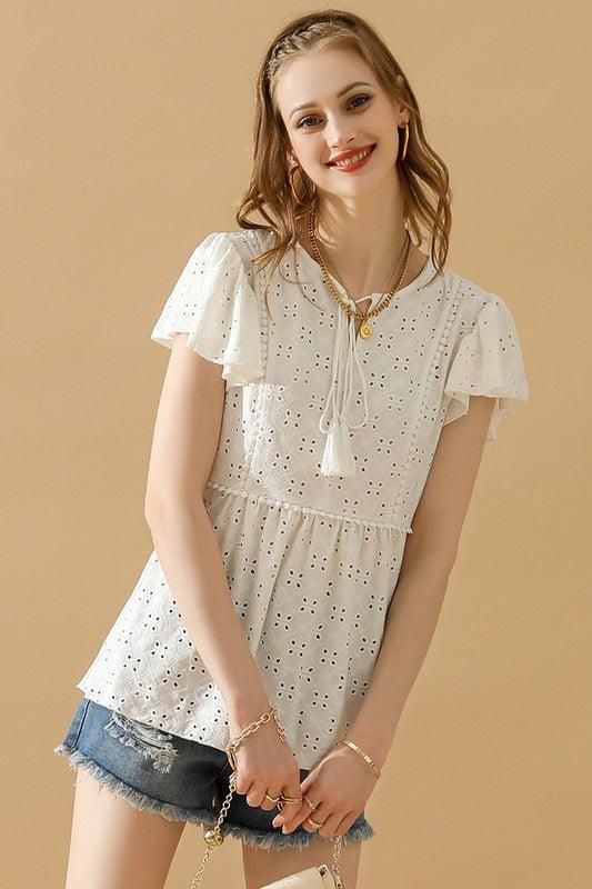 RUFFLED SLEEVE TIE NECK TUNIC TOP - Doublju