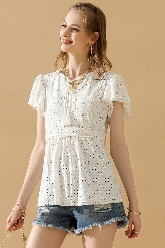 RUFFLED SLEEVE TIE NECK TUNIC TOP - Doublju