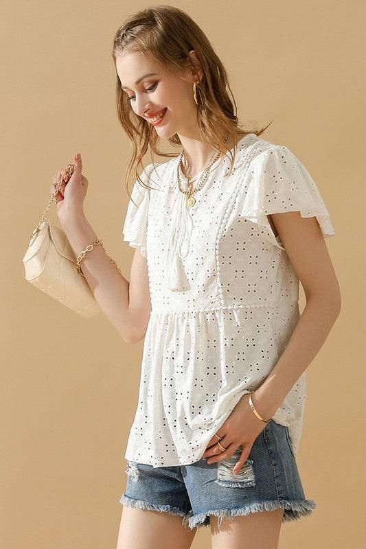 RUFFLED SLEEVE TIE NECK TUNIC TOP - Doublju