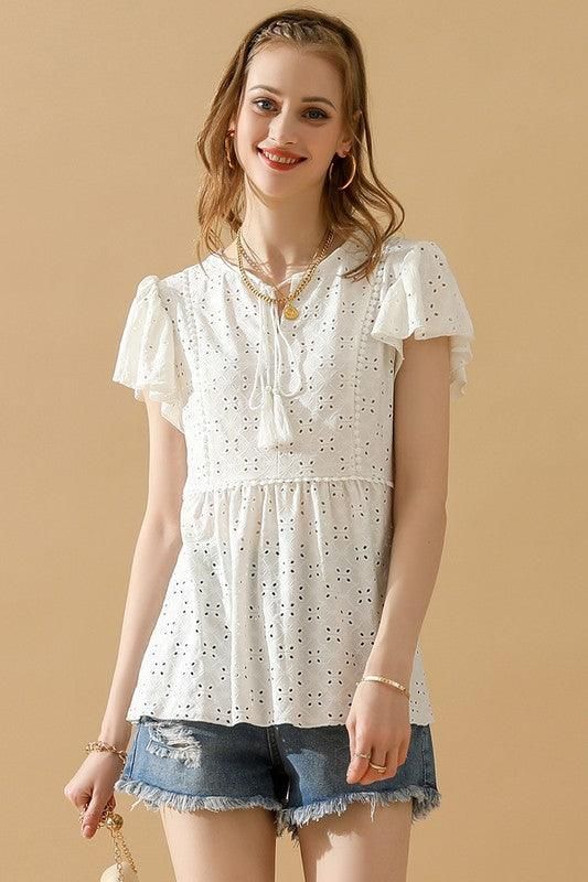 RUFFLED SLEEVE TIE NECK TUNIC TOP - Doublju