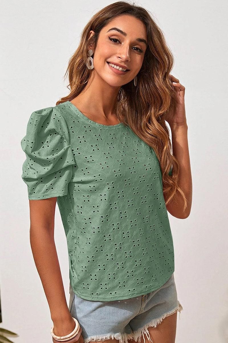 PUFF SHOULDER ROUND NECK SHORT CASUAL TOP - Doublju