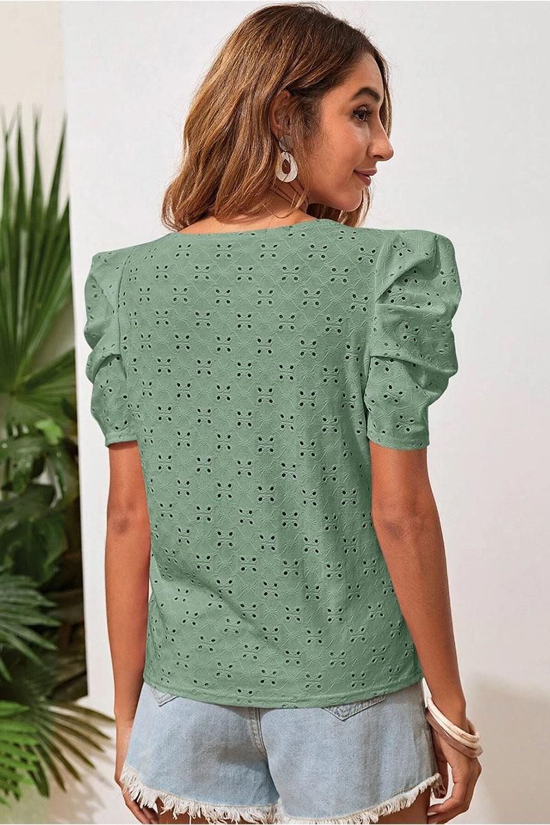 PUFF SHOULDER ROUND NECK SHORT CASUAL TOP - Doublju