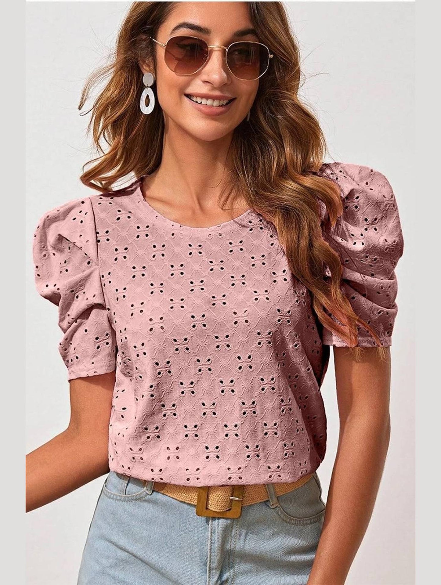 PUFF SHOULDER ROUND NECK SHORT CASUAL TOP - Doublju