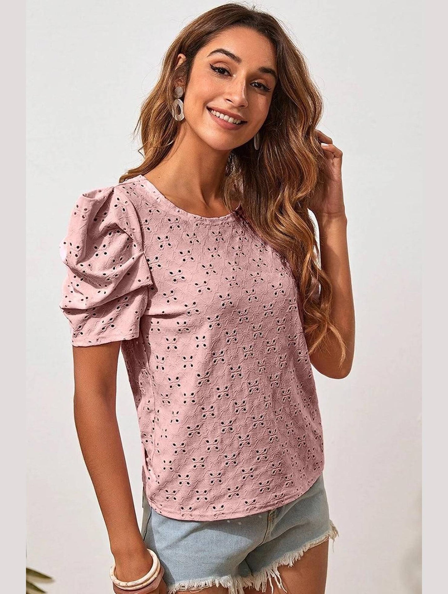 PUFF SHOULDER ROUND NECK SHORT CASUAL TOP - Doublju