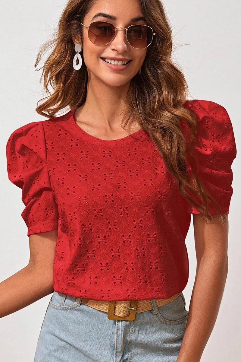 PUFF SHOULDER ROUND NECK SHORT CASUAL TOP - Doublju