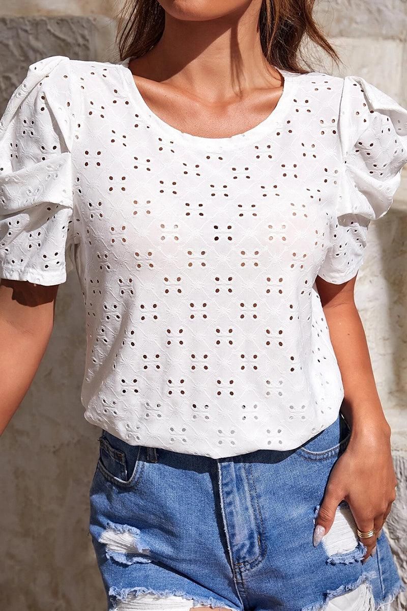 PUFF SHOULDER ROUND NECK SHORT CASUAL TOP - Doublju