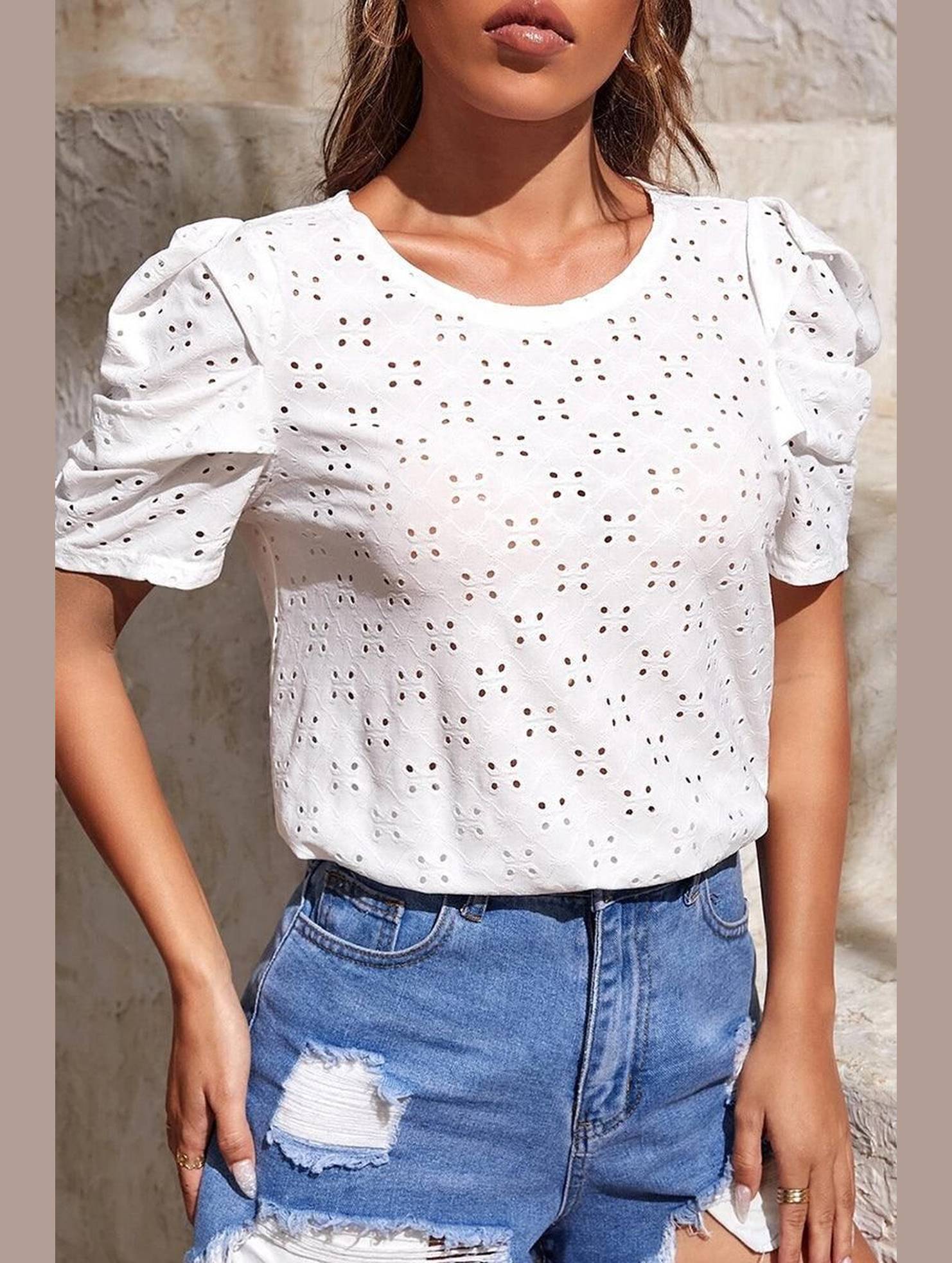 PUFF SHOULDER ROUND NECK SHORT CASUAL TOP - Doublju