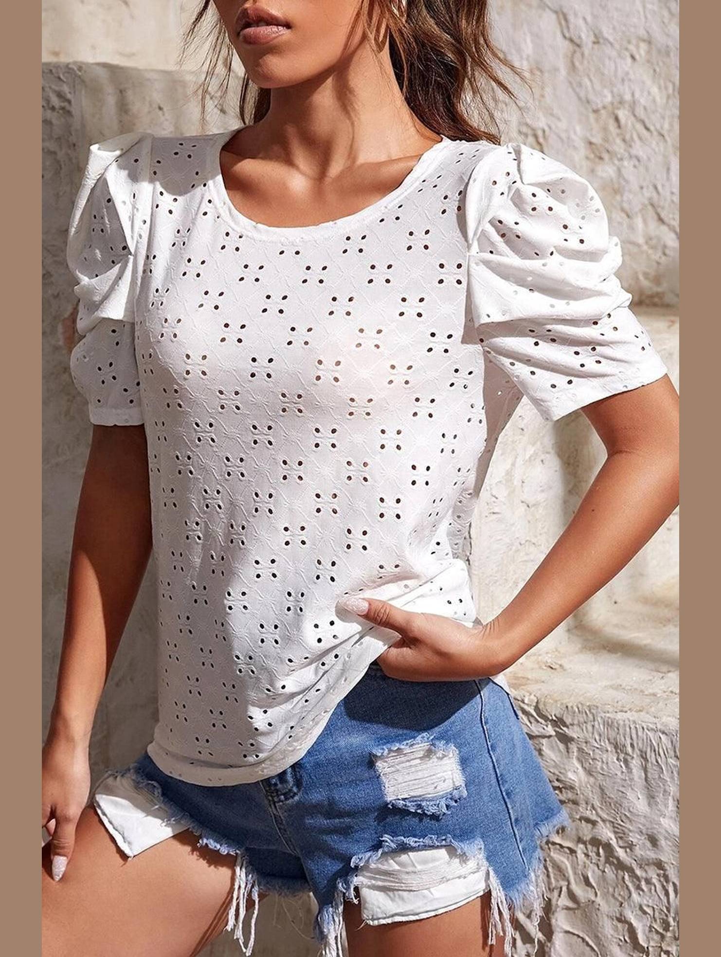 PUFF SHOULDER ROUND NECK SHORT CASUAL TOP - Doublju